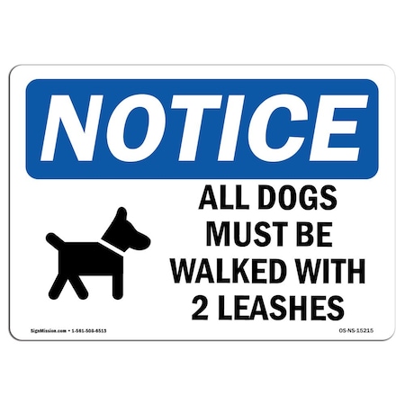 Signmission OSHA Notice Sign, 7" H, Rigid Plastic, NOTICE All Dogs Must Be Walked With 2 Leashes Sign, Landscape OS-NS-P-710-L-15215